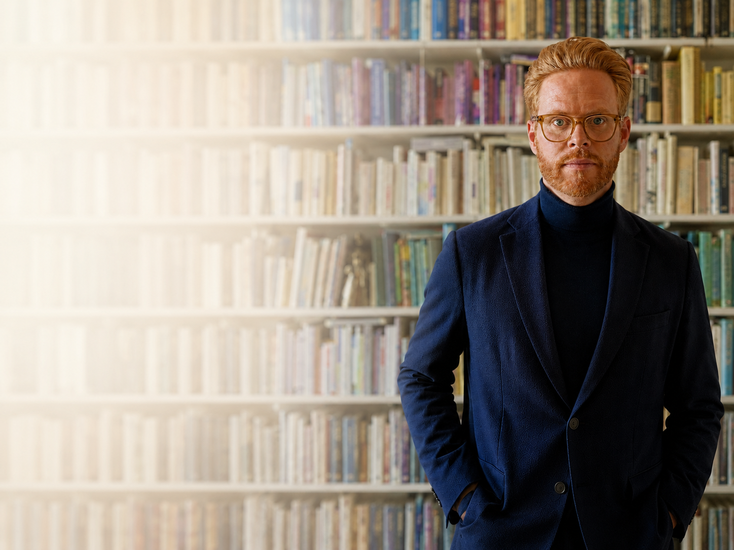 Henrik Andershed, professor, framför en bokhylla i mörkblå kavaj och polotröja.